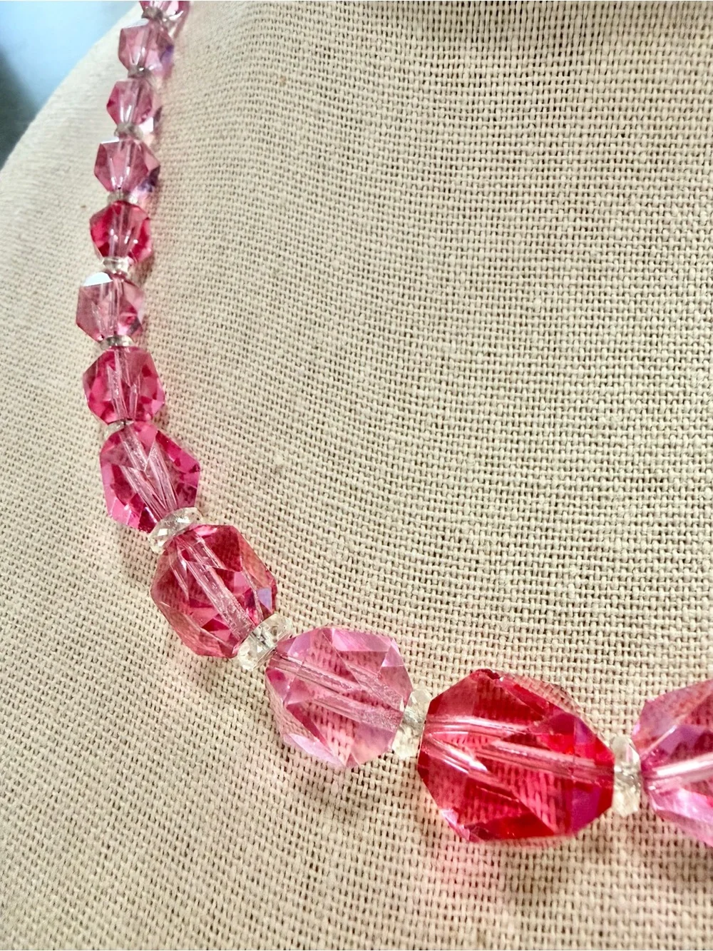 Vintage Pink Crystal Necklace And Clip On Earrings Set Aurora Borealis Faceted